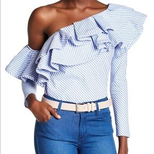 Striped One Shoulder Ruffle Blouse